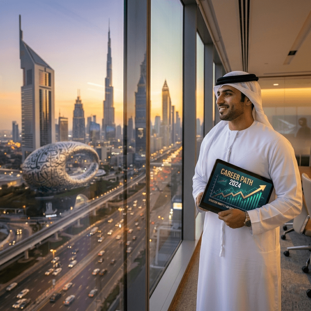  A professional manager reviewing financial growth charts in a high-rise office in Dubai 